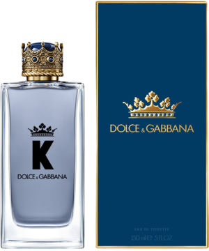 K by Dolce & Gabbana woda toaletowa, butelka z koroną i granatowe pudełko z złotym logo. Widok z przodu.