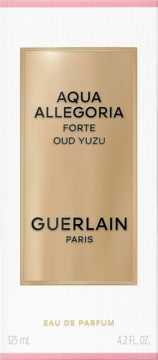 Guerlain Aqua Allegoria Forte Oud Yuzu EdP, 125ml/4.2 oz, białe pudełko ze złotym panelem, widok z przodu.
