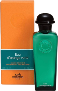 Hermès Eau d'Orange Verte Eau de Cologne: zielona butelka i pomarańczowe pudełko, widok z przodu.