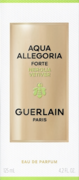 Guerlain Aqua Allegoria Forte Nerolia Vetiver EDP 125ml, białe pudełko, złoty panel z zieloną pszczołą, widok z przodu.