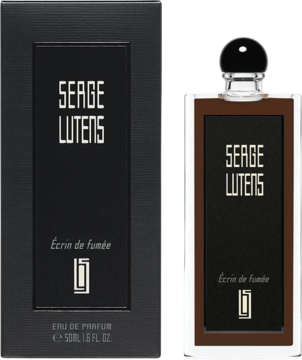 Serge Lutens Ecrin de Fumée, dymne perfumy EDP. Czarne pudełko i brązowo-czarna butelka, widok z przodu.