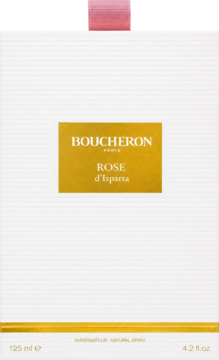 Boucheron Rose d'Isparta perfumy, białe opakowanie z centralną złotą etykietą i różową wstążką, 125ml.