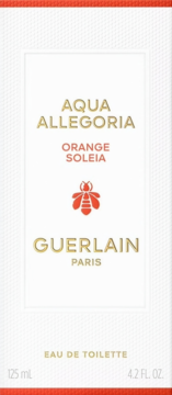 Guerlain Aqua Allegoria Orange Soleia, białe pudełko perfum z pomarańczowymi detalami i logo pszczoły, widok z przodu.
