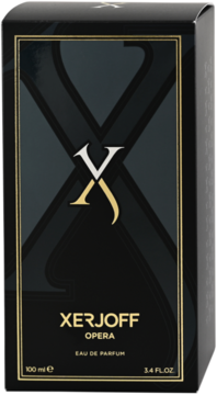 Czarne prostokątne pudełko perfum Xerjoff Opera Eau de Parfum 100ml ze złotym logo XV na froncie, widok pod kątem.