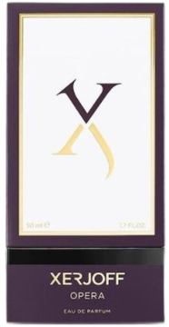 Pudełko Xerjoff Opera EDP 50 ml: biała góra ze złotym logo X, purpurowy dół z napisem OPERA.