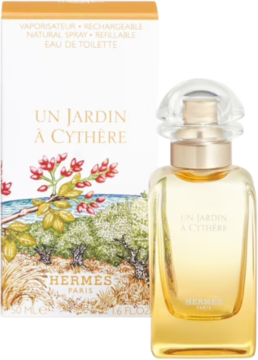 Hermes Un Jardin à Cythère EDT: żółta butelka perfum i białe pudełko z greckim pejzażem oliwek. Widok z przodu.