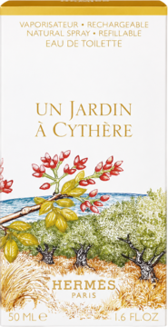 Hermes Un Jardin à Cythère EDT 50 ml, białe pudełko z ilustracją greckiego pejzażu z gałązką i drzewami oliwnymi.