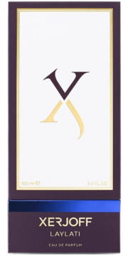 Przednie ujęcie purpurowego pudełka perfum Xerjoff Laylati z białym panelem i złotym logo XV.