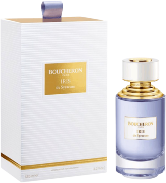 Boucheron Iris de Syracuse EDP, lawendowa butelka i białe, eleganckie pudełko ze złotymi akcentami, widok z przodu.