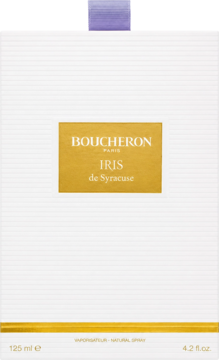 Boucheron Iris de Syracuse EDP w białym pudełku z złotą etykietą i fioletową wstążką, widok z przodu.