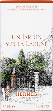 Hermes Un Jardin Sur La Lagune Eau de Toilette 50ml box, front view with a detailed garden gate illustration.
