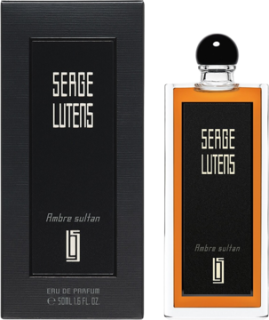 Serge Lutens Ambre Sultan woda perfumowana uniseks, czarne pudełko i bursztynowa butelka, widok z przodu.