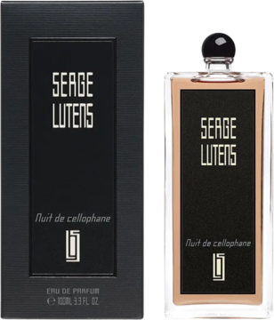 Serge Lutens Nuit De Cellophane EDP: czarne opakowanie i prostokątna butelka z bursztynowym płynem, widok z przodu.