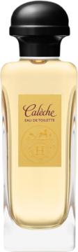 Hermes Calèche Eau de Toilette w eleganckiej szklanej butelce z czarną nakrętką, widok z przodu.