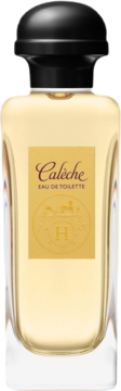 Hermes Calèche Eau de Toilette w eleganckiej szklanej butelce z czarną nakrętką, widok z przodu.