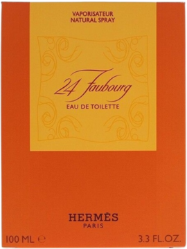 Pomarańczowe opakowanie Hermes 24 Faubourg Eau de Toilette 100ml, z żółtą etykietą i brązowymi napisami, widok z przodu.