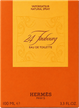Pomarańczowa woda toaletowa Hermès 24 Faubourg 100ml. Złota etykieta z napisem. Widok z przodu.