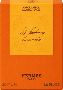 Pomarańczowe opakowanie perfum Hermes 24 Faubourg Eau de Parfum, widok z przodu, z ciemniejszym pasem i złotymi napisami.