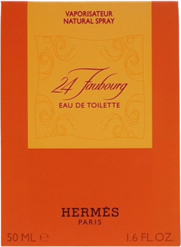Hermès 24 Faubourg Eau de Toilette, pomarańczowe pudełko perfum 50ml z centralnym żółtym panelem, widok z przodu.