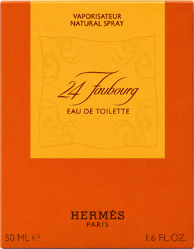 Pomarańczowe opakowanie Hermes 24 Faubourg Eau de Toilette 50 ml, kwiatowy zapach dla kobiet, widok z przodu.