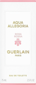 Biały kartonik Guerlain Aqua Allegoria Rosa Rossa woda toaletowa 75ml, z różowym logo pszczoły i złotymi napisami, widok z przodu.