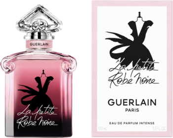 Perfumy Guerlain La Petite Robe Noire Intense w różowej butelce i jasnoróżowym opakowaniu, ujęcie z przodu.