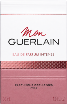 Mon Guerlain Eau de Parfum Intense 30ml, biało-różowa karta próbki zapachu z teksturowanym dołem, widok przód.