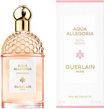 Guerlain Aqua Allegoria Rosa Rossa różana woda toaletowa, różowy płyn w butelce z fakturą i białe pudełko.