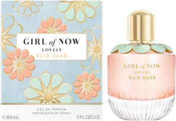 Perfumy Elie Saab Girl of Now Lovely w różowej butelce i jasnoniebieskim pudełku z kwiatowym wzorem, widok obok siebie.