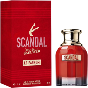 Czerwony flakon perfum Jean Paul Gaultier Scandal Le Parfum oraz pudełko. Kwiatowo-ambrowy zapach, widok z przodu.