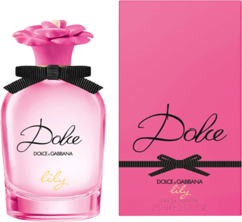 Woda toaletowa Dolce Lily od Dolce & Gabbana: różowa butelka z kwiatkiem i czarną kokardą obok pudełka. Widok z przodu.