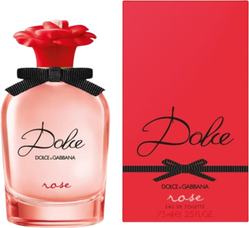 Dolce Rose woda toaletowa Dolce & Gabbana, różowa butelka z różą, czerwone pudełko obok, widok z przodu.