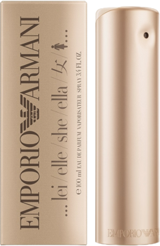 Złota butelka i pudełko perfum Emporio Armani Lei/Elle/She 100ml, widok z przodu, minimalistyczny design.