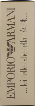 Bok minimalistycznego złotego opakowania perfum Emporio Armani Femme z logo i symbolami płci.