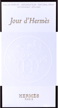Białe opakowanie Hermes Jour d'Hermes EDP z wytłoczonym okrągłym logo H i złotymi napisami, widok z przodu.