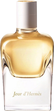 Hermes Jour d'Hermès, damska woda perfumowana w szklanym flakonie z bursztynowym płynem, widok z przodu.