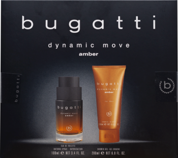 Zestaw męski Bugatti Dynamic Move Amber w czarnym pudełku: butelka wody toaletowej i pomarańczowa tubka żelu.