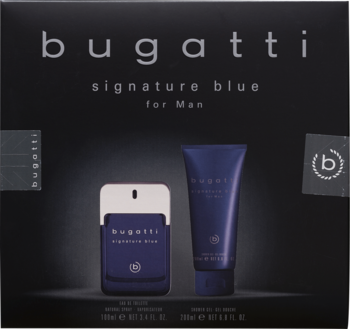 Zestaw męskich kosmetyków Bugatti Signature Blue: prostokątna woda toaletowa i żel w tubie na ciemnym tle.
