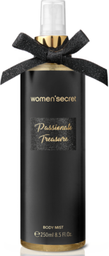 Women's Secret Passionate Treasure mgiełka do ciała w eleganckiej czarnej butelce z kokardką, widok z przodu.