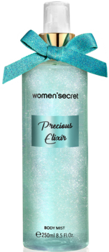 Women'secret Precious Elixir Body Mist, 250ml, brokatowa, z turkusową kokardą, słodki zapach kokosa.