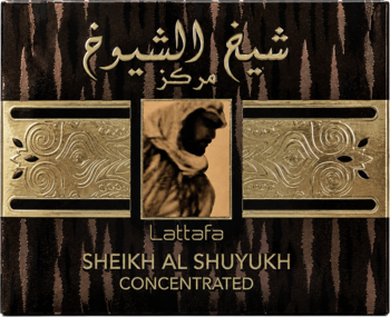 Opakowanie perfum Sheikh Al Shuyukh Concentrated, ciemnobrązowe z fakturą, złotym pasem i postacią.