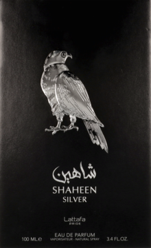 Czarne opakowanie perfum Shaheen Silver 100 ml z lśniącym, srebrnym godłem sokoła na froncie, widok z przodu.