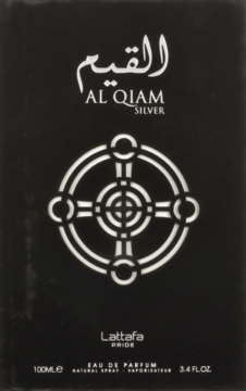 Czarny kartonik perfum Lattafa Al Qiam Silver, z dużym srebrnym, geometrycznym emblematem na środku, widok z przodu.