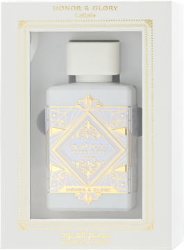 Lattafa Bade'e al Oud Honor & Glory, biała butelka perfum unisex z złotym wzorem w pudełku z okienkiem.
