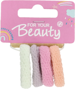 Zestaw czterech puszystych gumek do włosów w pastelowych kolorach na karcie "FOR YOUR Beauty".
