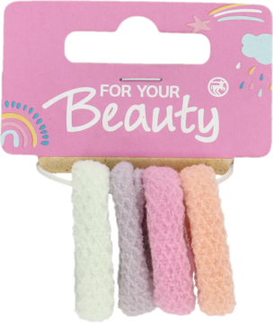 Zestaw czterech puszystych gumek do włosów w pastelowych kolorach na karcie "FOR YOUR Beauty".