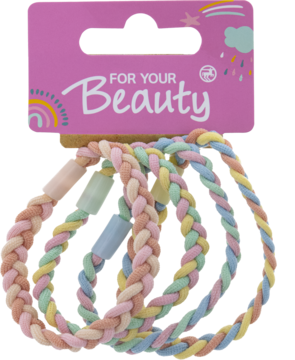 Zestaw trzech plecionych gumek do włosów w pastelowych kolorach, zawieszonych na różowym kartoniku 'FOR YOUR Beauty'.
