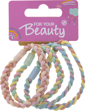 Zestaw trzech plecionych gumek do włosów w pastelowych kolorach, zawieszonych na różowym kartoniku 'FOR YOUR Beauty'.