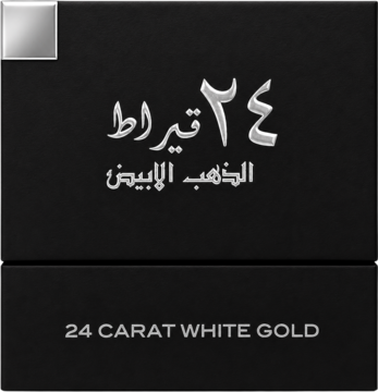Czarne opakowanie perfum Lattafa 24 Carat White Gold, ze srebrnym kwadratem i arabskim/angielskim napisem.