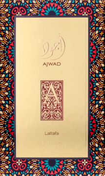Front opakowania perfum Lattafa Ajwad, złoty środek z arabskim pismem i literą A, barwne mozaikowe obramowanie.